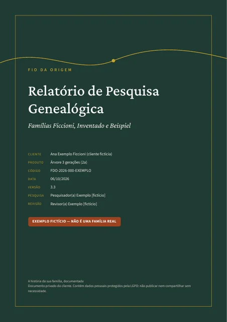Capa do relatório de exemplo, com a faixa EXEMPLO FICTÍCIO, o nome das famílias fictícias e o código do projeto